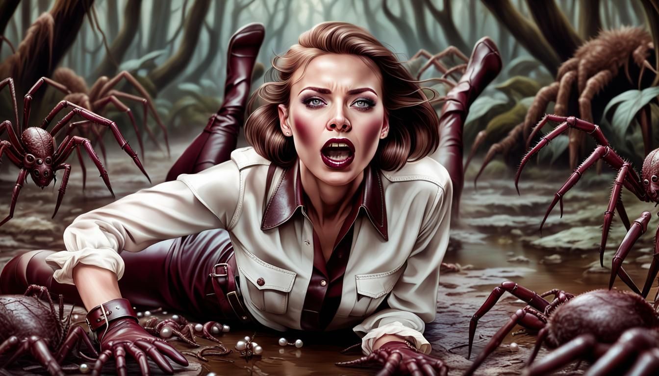 Woman in Fear Surrounded by Spiders: Hyperrealistic Art