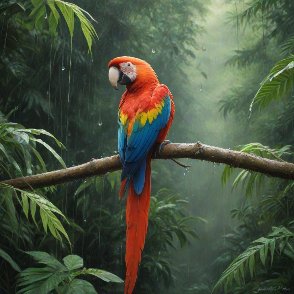 Scarlet Macaw in Tropical Rainstorm Oil Painting