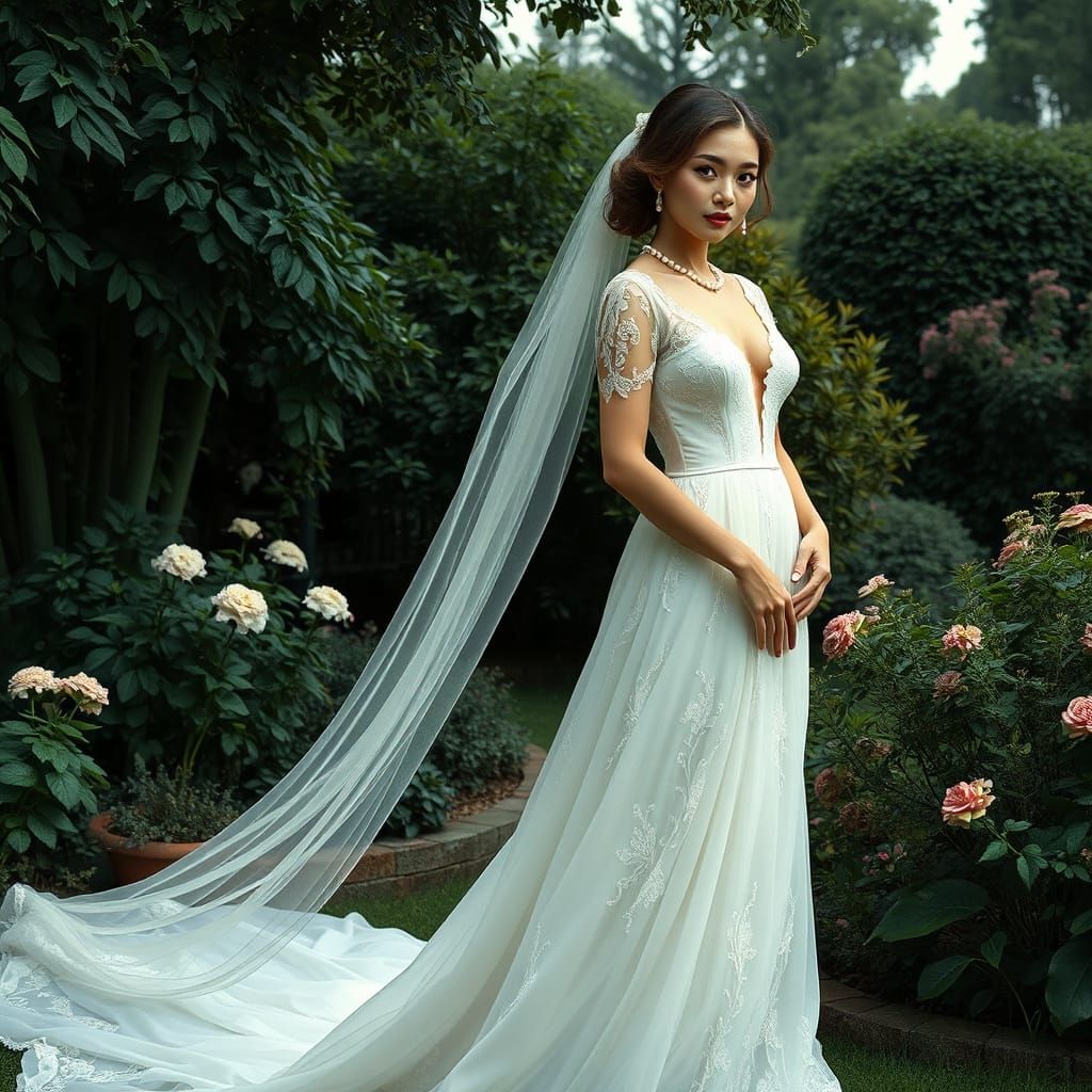 Elegant Woman in Wedding Gown, Art Nouveau Style