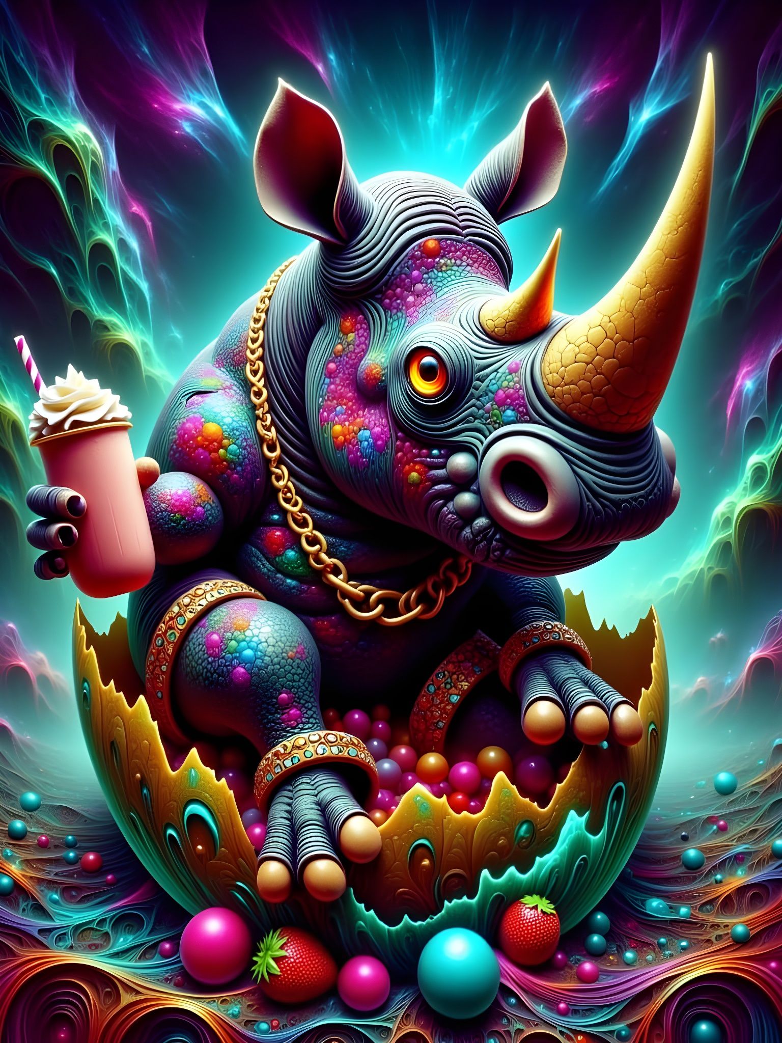 Cross-Stitched Rhino in High Heels with Milkshake