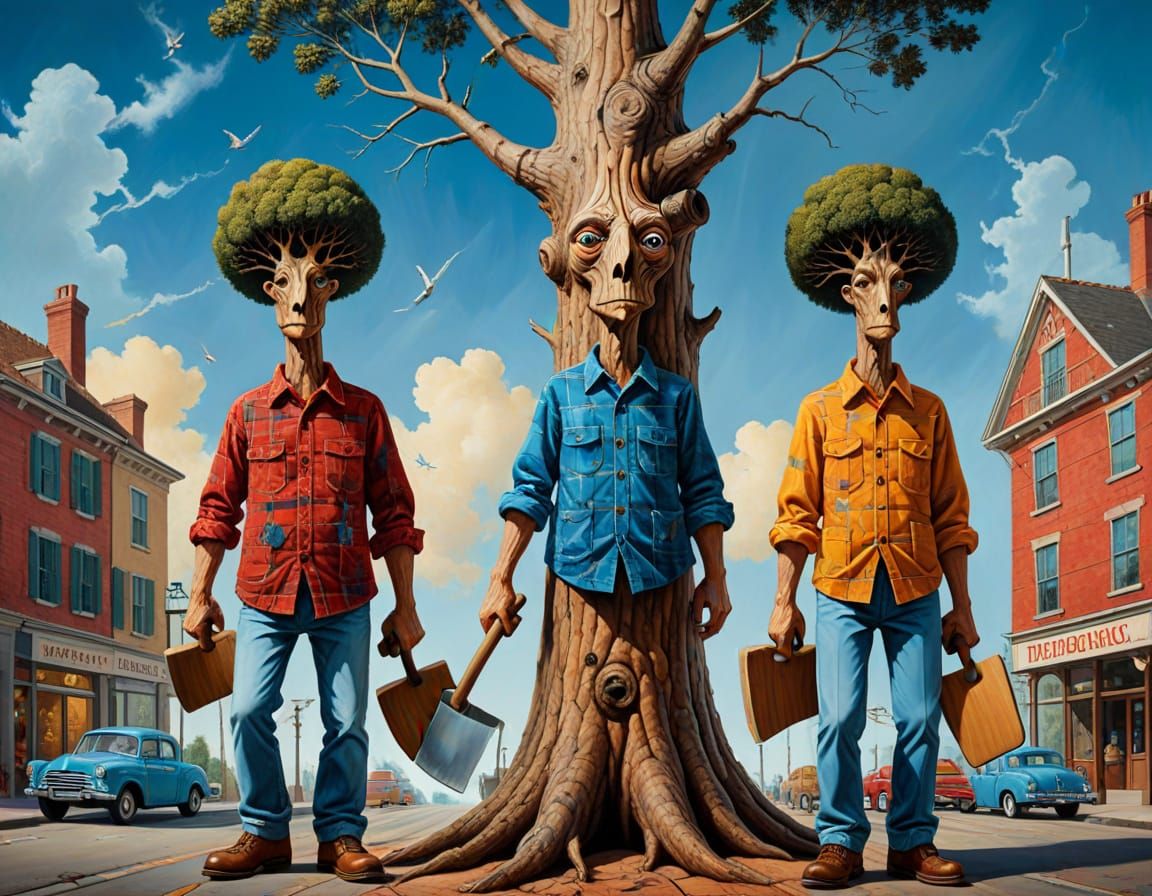 Three Trees in Lumberjack Shirts Walking Down Main Street in...