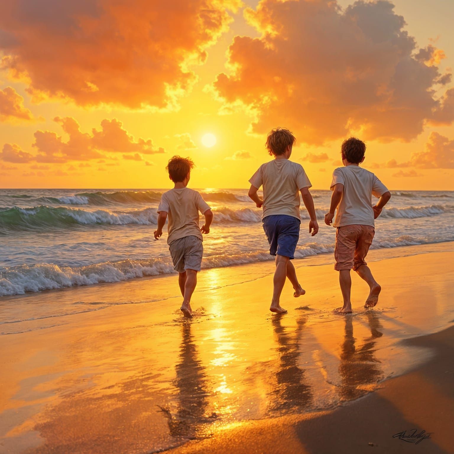 Boys Running on Beach at Sunset