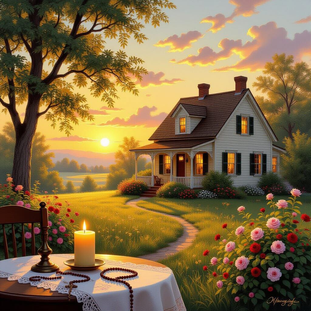 Nostalgic Countryside Sunset Home in Golden Light