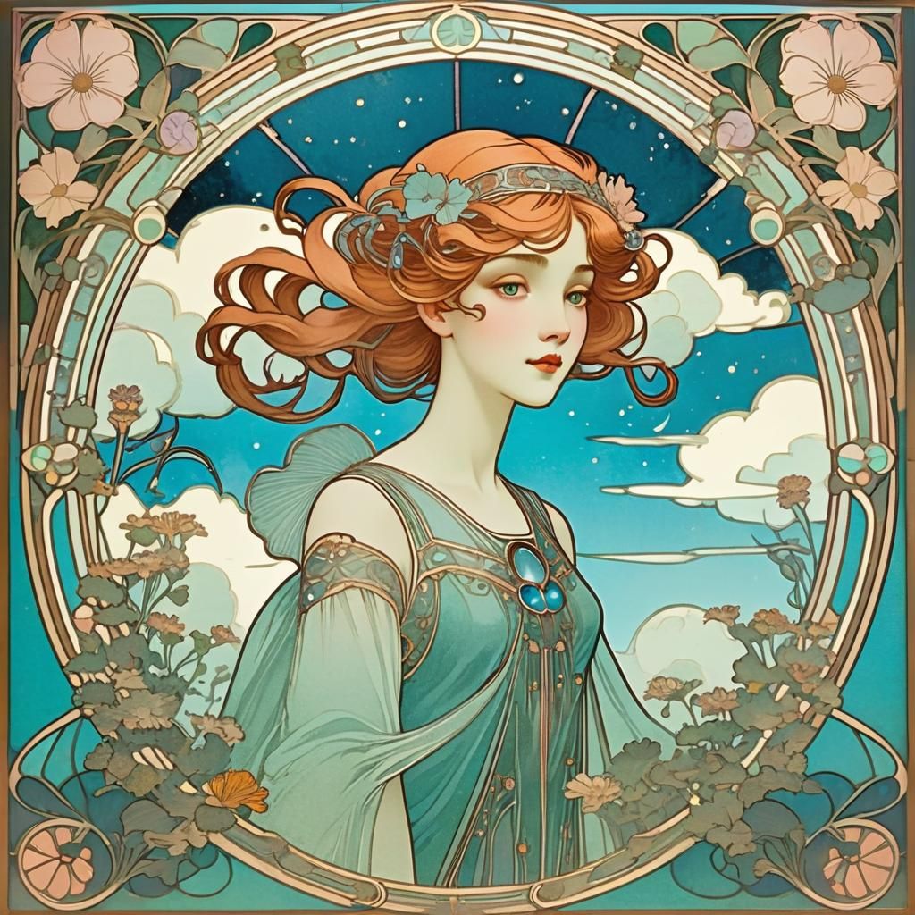 Art Nouveau Cloudcore Scene in Cel-Shaded Style