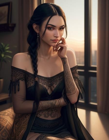 Native American Girl in Colorful Loft: Hyperrealistic Photo