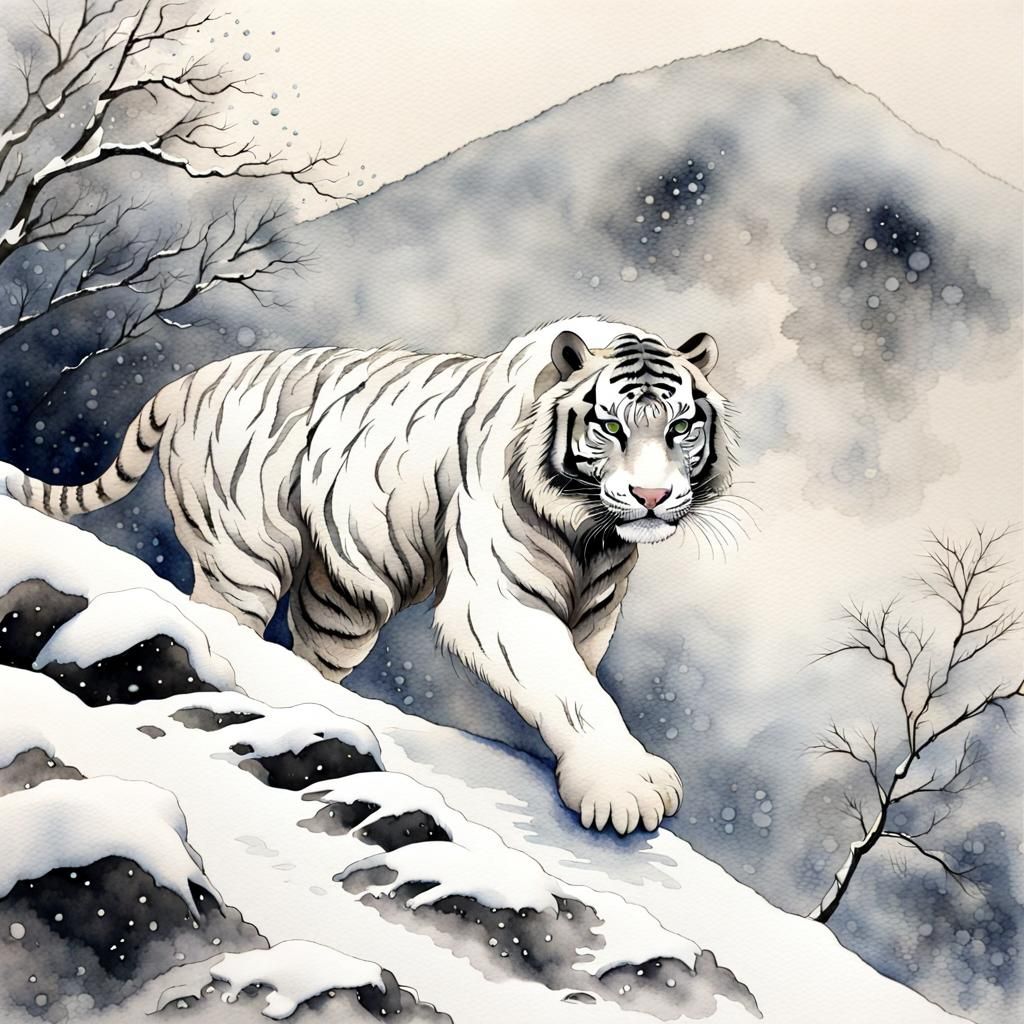 White Siberian Tiger in Hokusai Watercolor Print