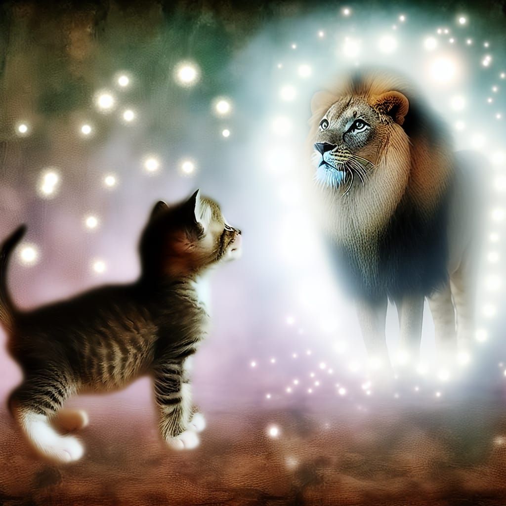 Kitten's Reflection: A Lion's Courage in Dreamy Light