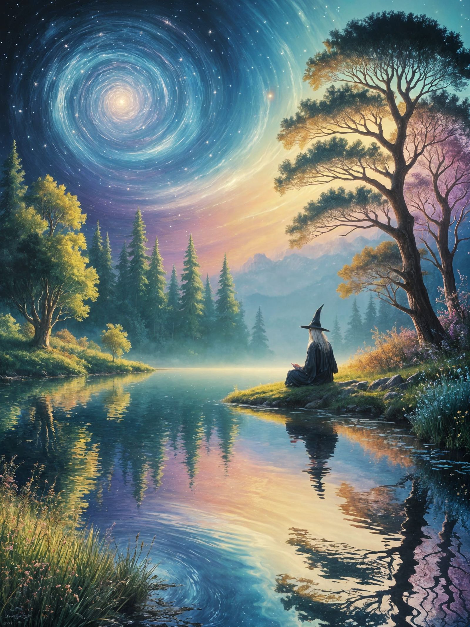 Wizard Meditating Under Galactic Sky in Impressionist Style