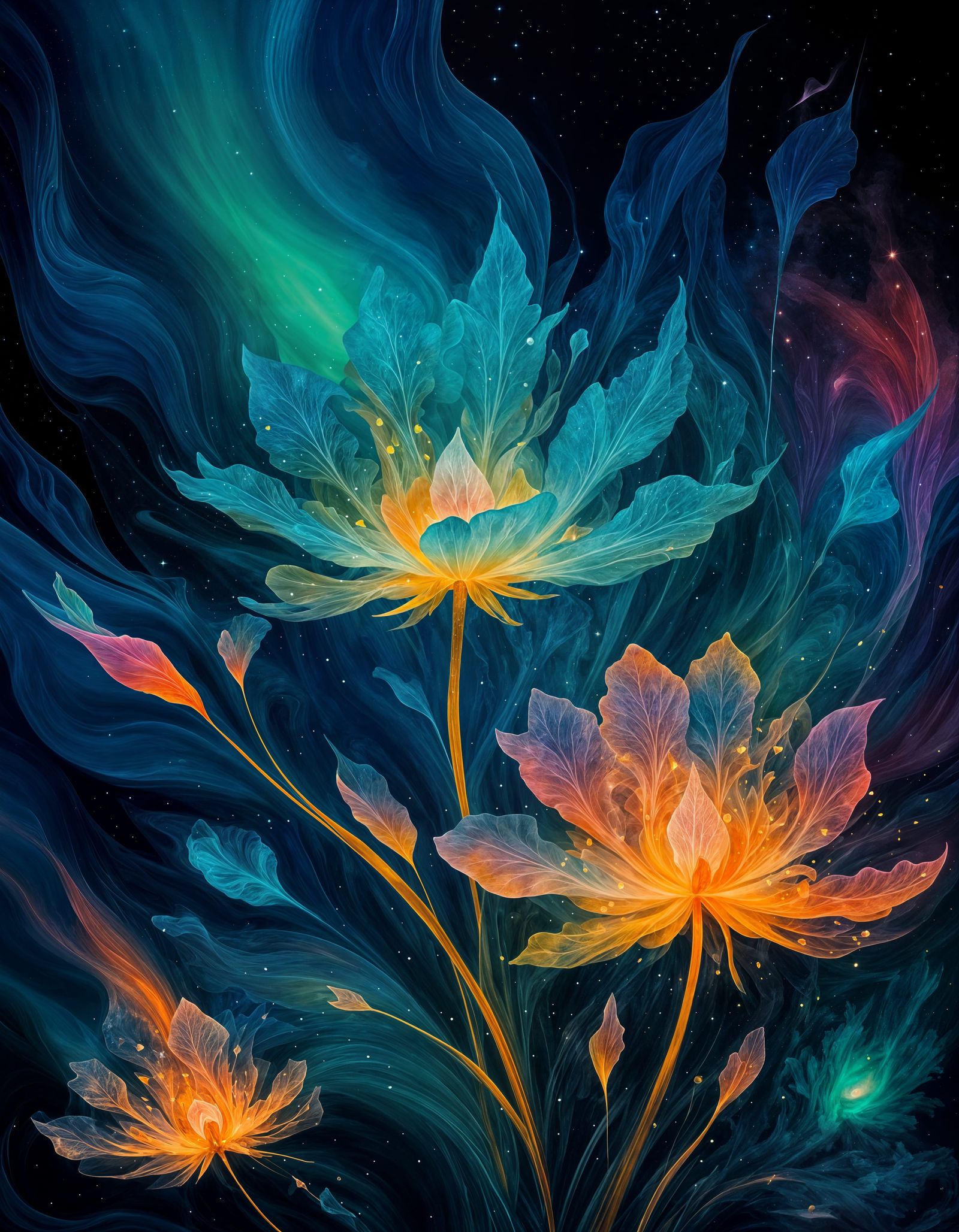 Surreal Dreamscape of Crystalline Flowers Under Aurora Sky