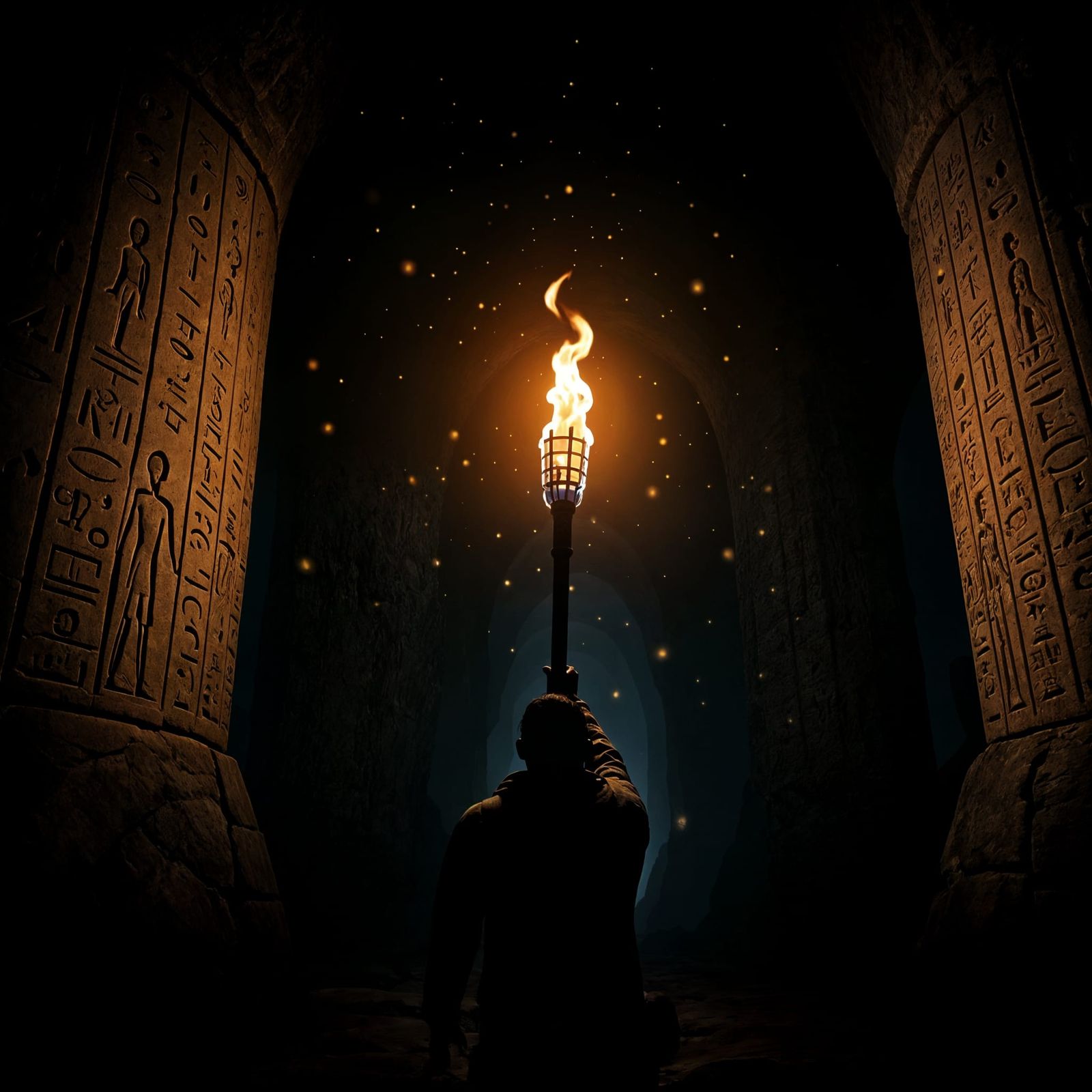 Explorer's Torch Lights Up Mysterious Dark Cavern