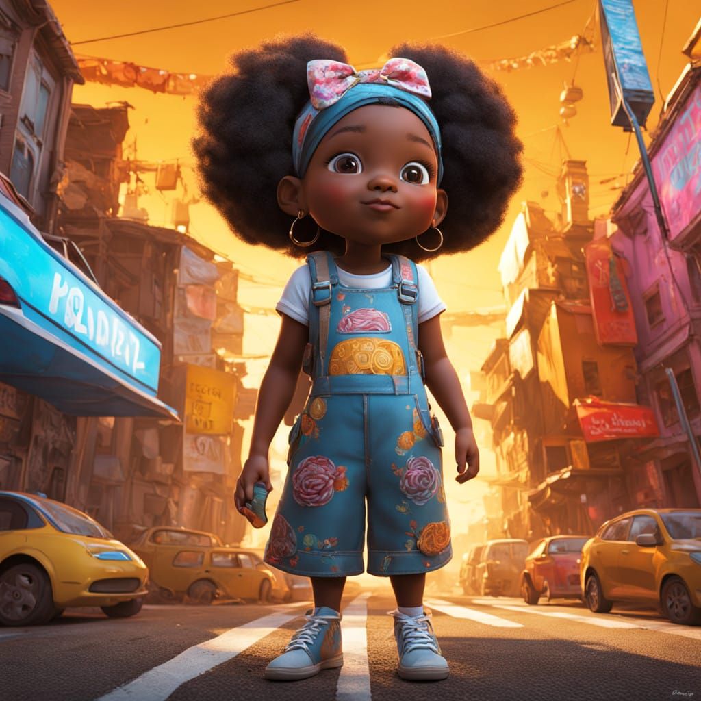 Vibrant Graffiti Girl Eats Bagel in a Whimsical City Scene