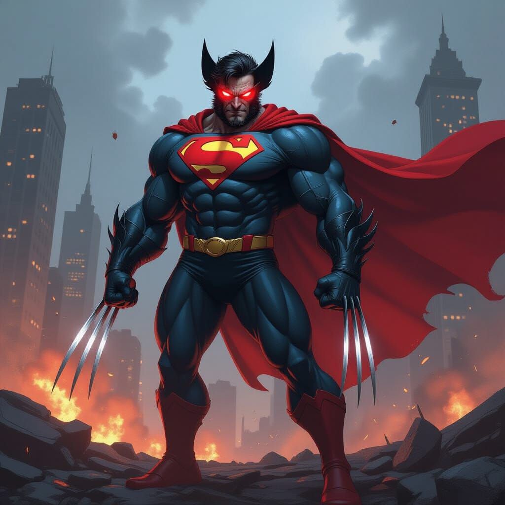 Wolverine Superman Hybrid With Glowing Eyes and Red Cape