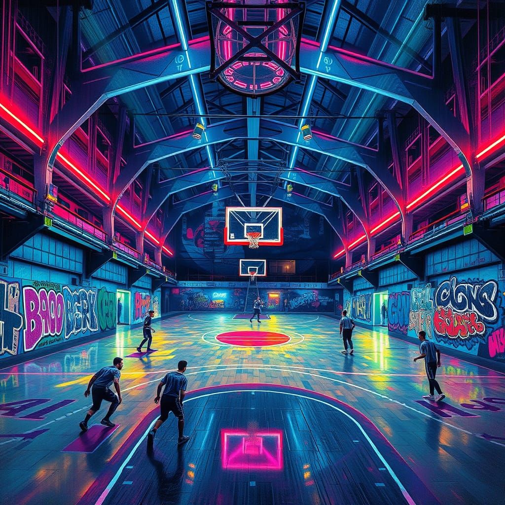 Basketball Court in a Futuristic Neon World