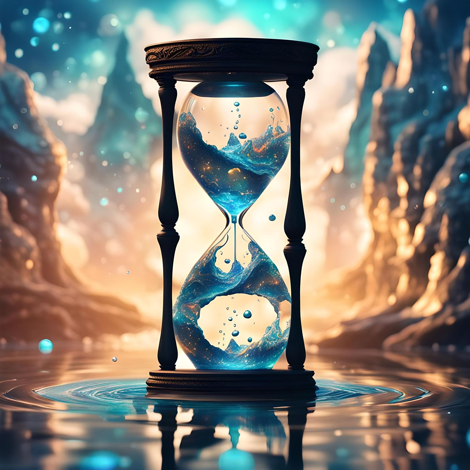 Hourglass with Flowing Water: Cosmic Astral Illustration