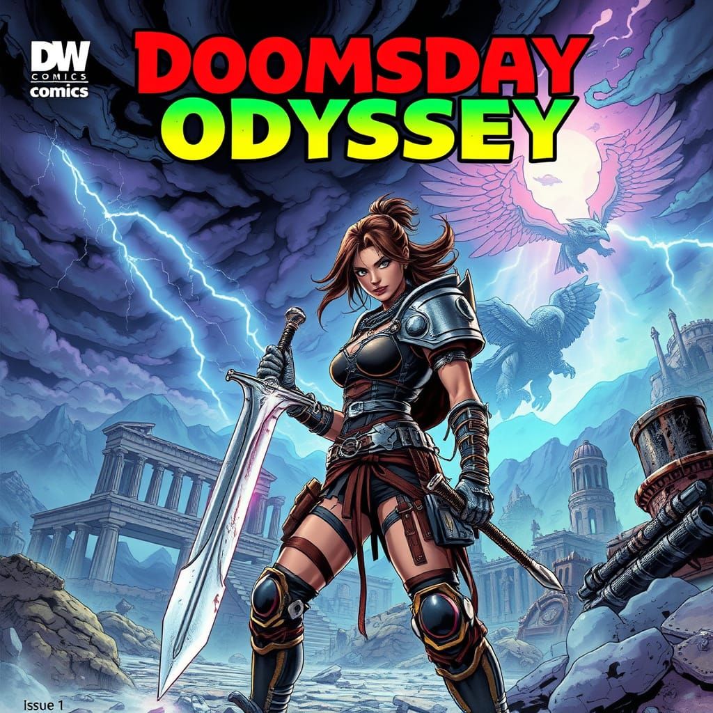 An epic comic book cover in the style of Fiona Staples and Russell Dauterman, for 'Doomsday Odyssey'. A fierce female wa...