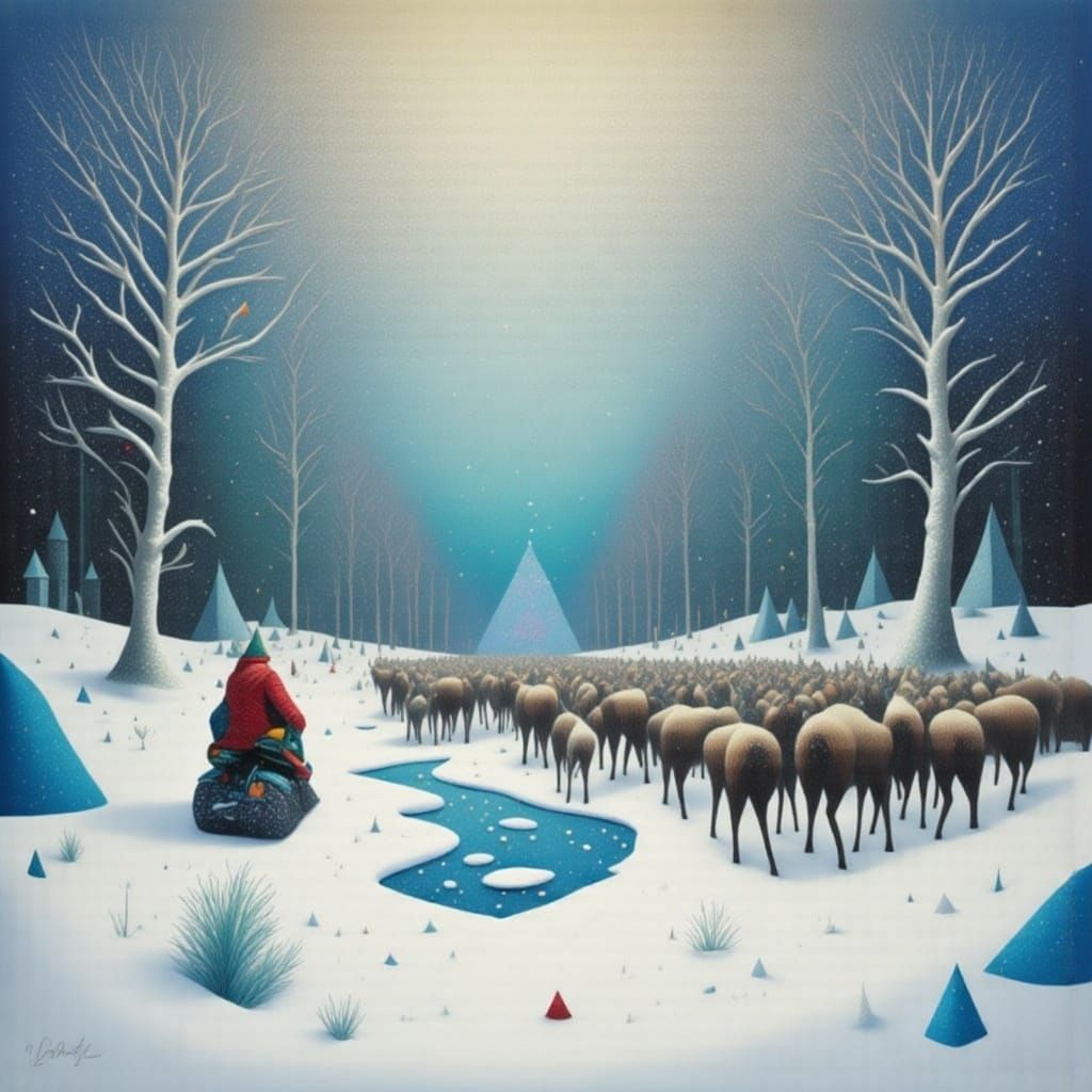 Sami Hunter Pursues Reindeer in Snowy Forest Watercolor