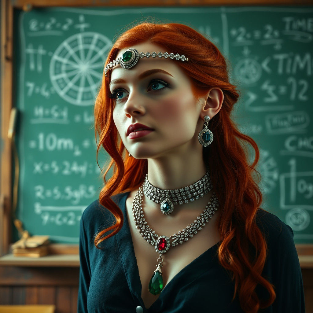 Woman with Jewels Exits Classroom: Cinematic Still