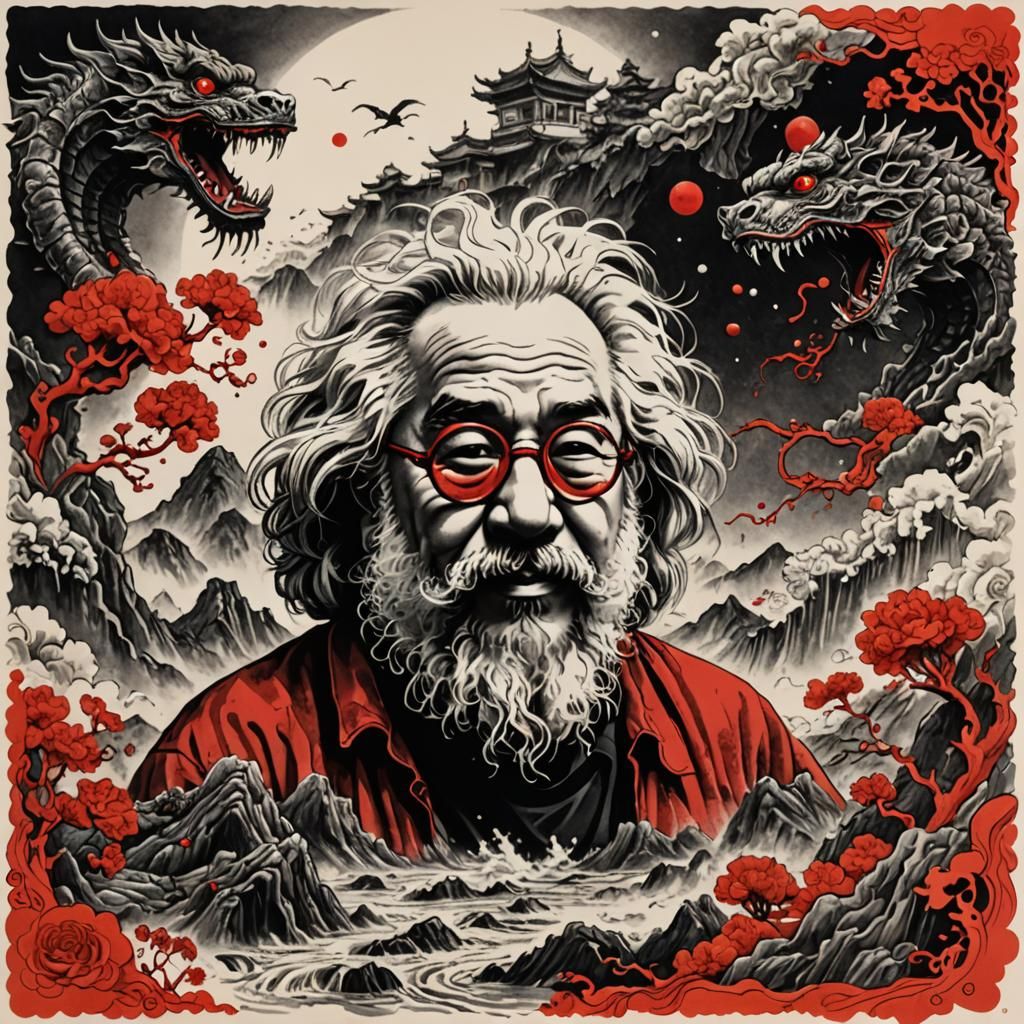 Jerry Garcia in Whimsical Chinese Ink Art