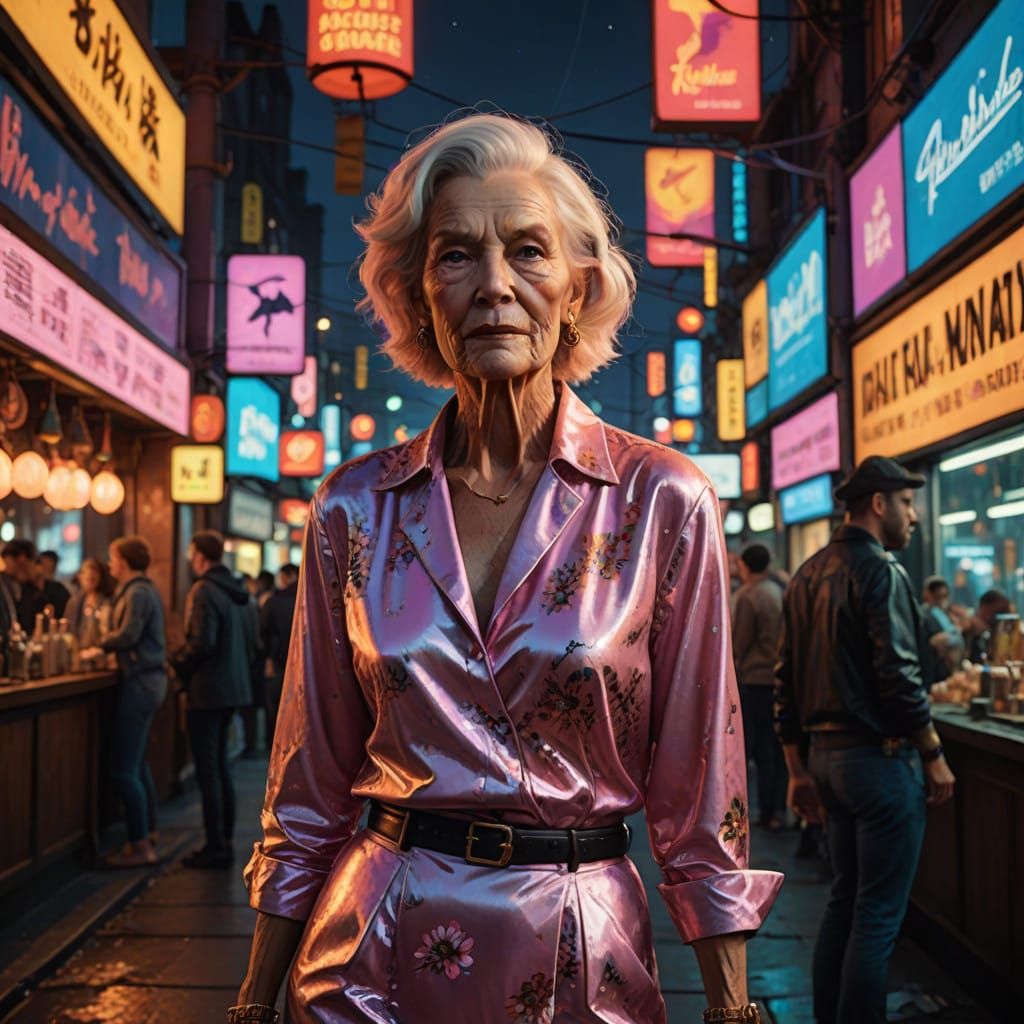 Vibrant Senior in Extravagant Getup, Adorned with Bold Makeu...