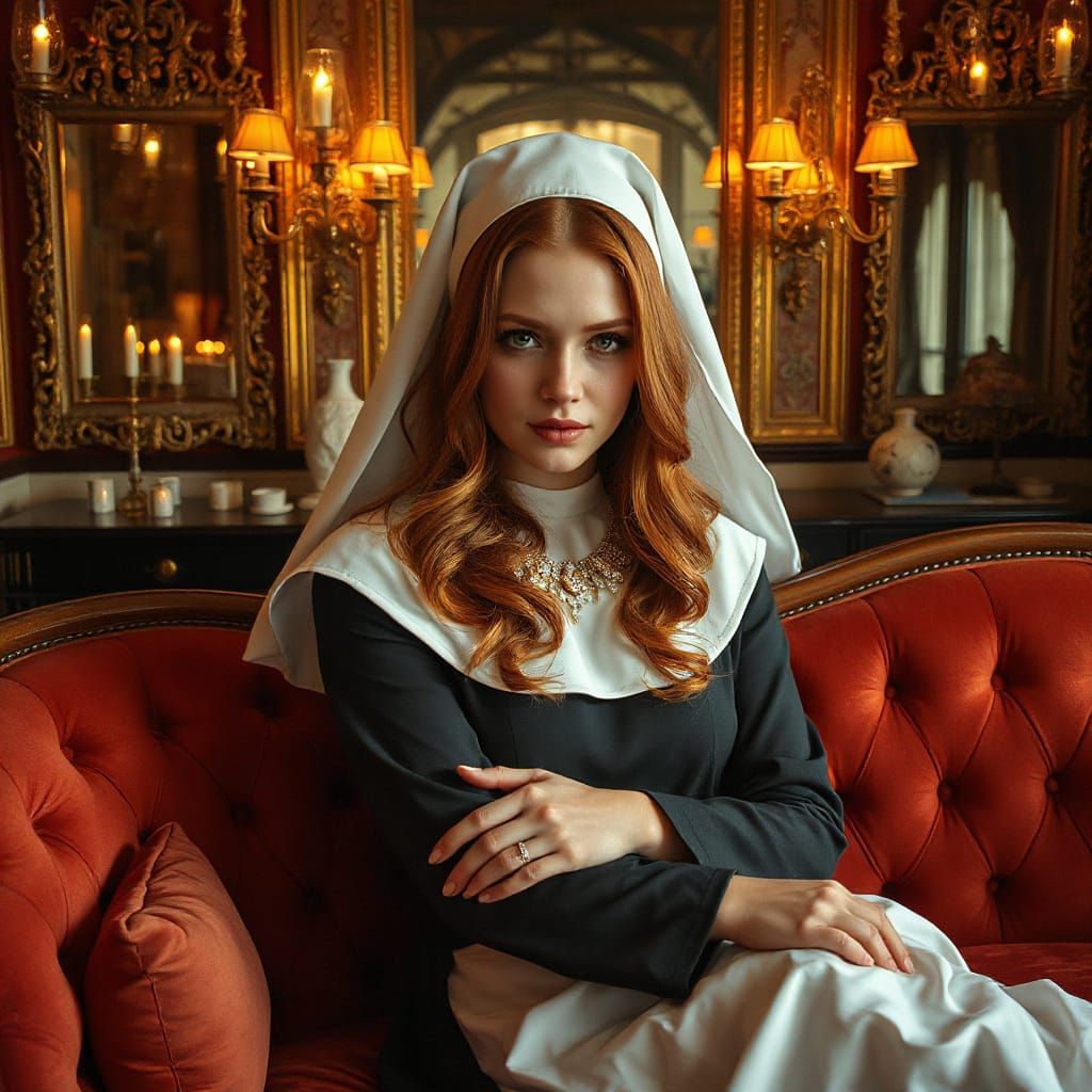 Seductive Redheaded Nun in Velvet Boudoir
