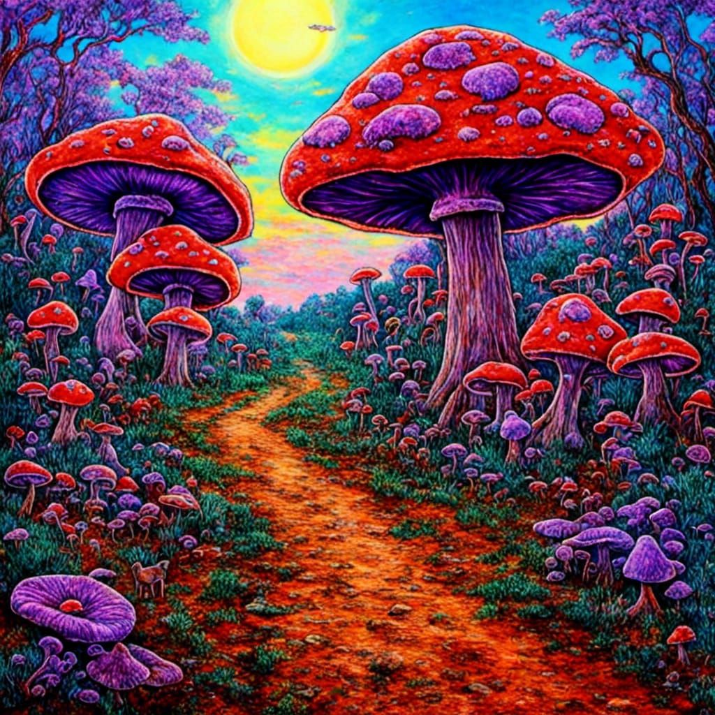 Colorful Mushroom Forest in Post-Impressionist Style