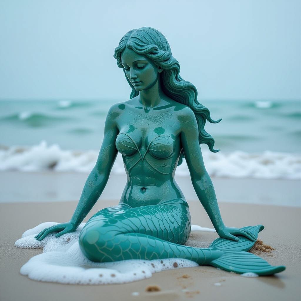 Sea Glass Mermaid Statue Ethereal Ocean Glow