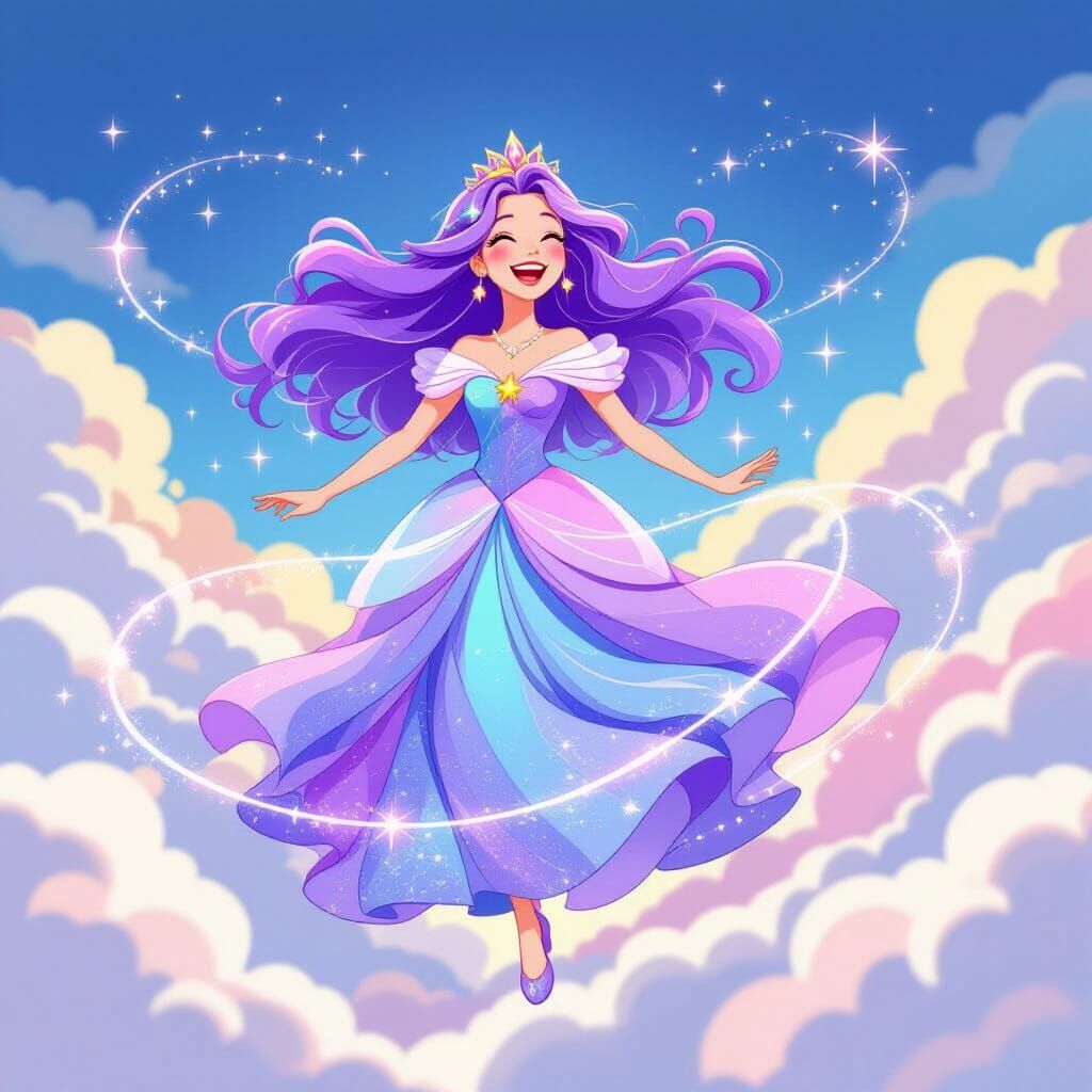 Rainbow Princess Dancing Among Clouds in Cartoon Style