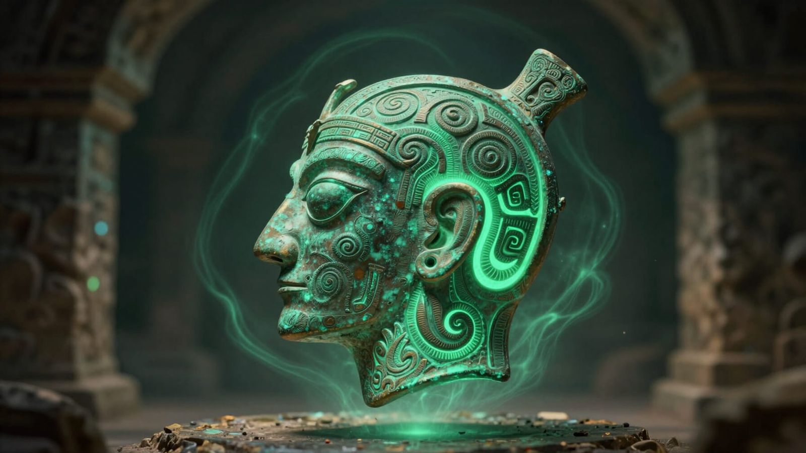 Etruscan Ritual Artifact Glowing Green in Dark Tomb