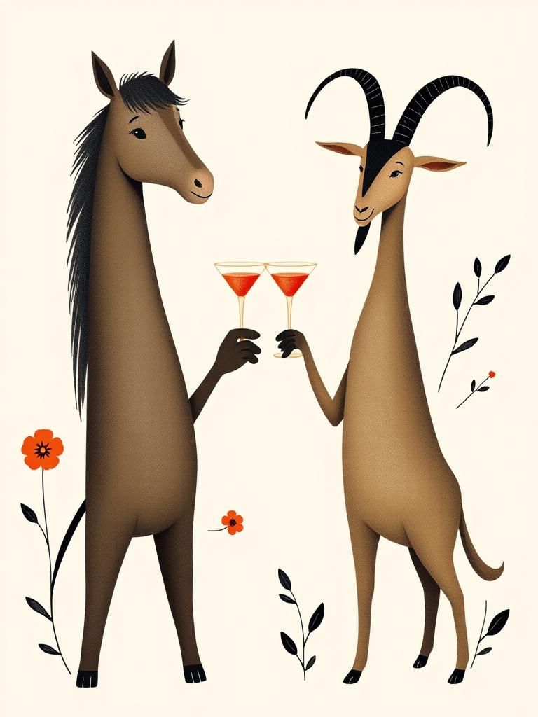 Horse and Goat Toasting Martinis in Abstract Illustration