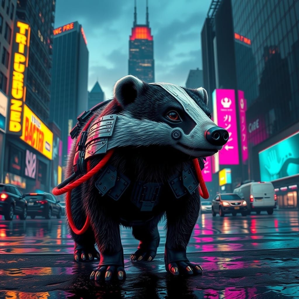 Cybernetic Badger in Neon Cityscape