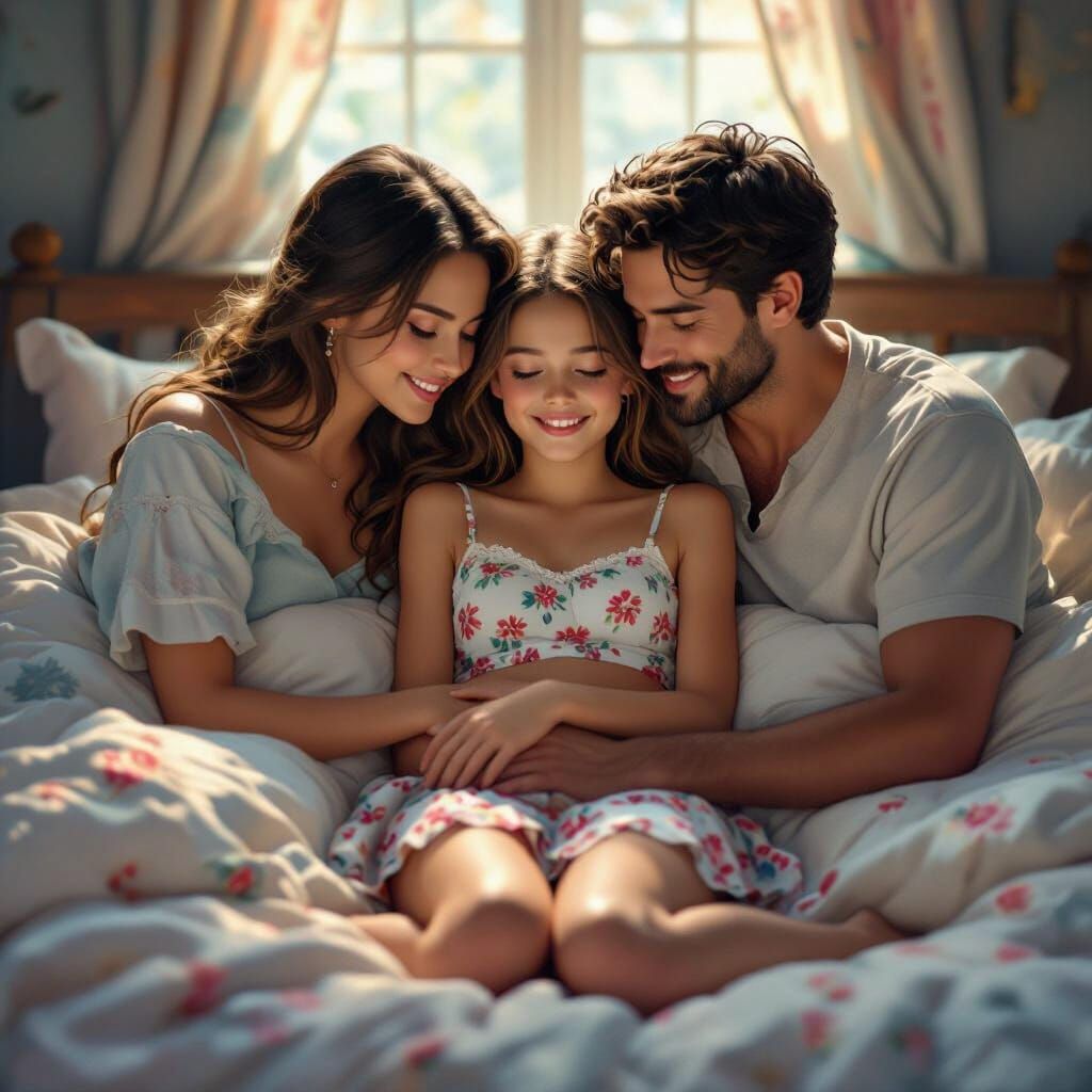 Teenage Girl Cuddles With Parents in Fantasy Art Style