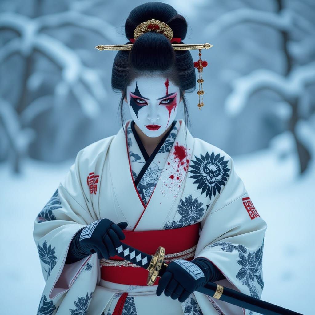 Fierce Samurai Cat in Snowy Landscape