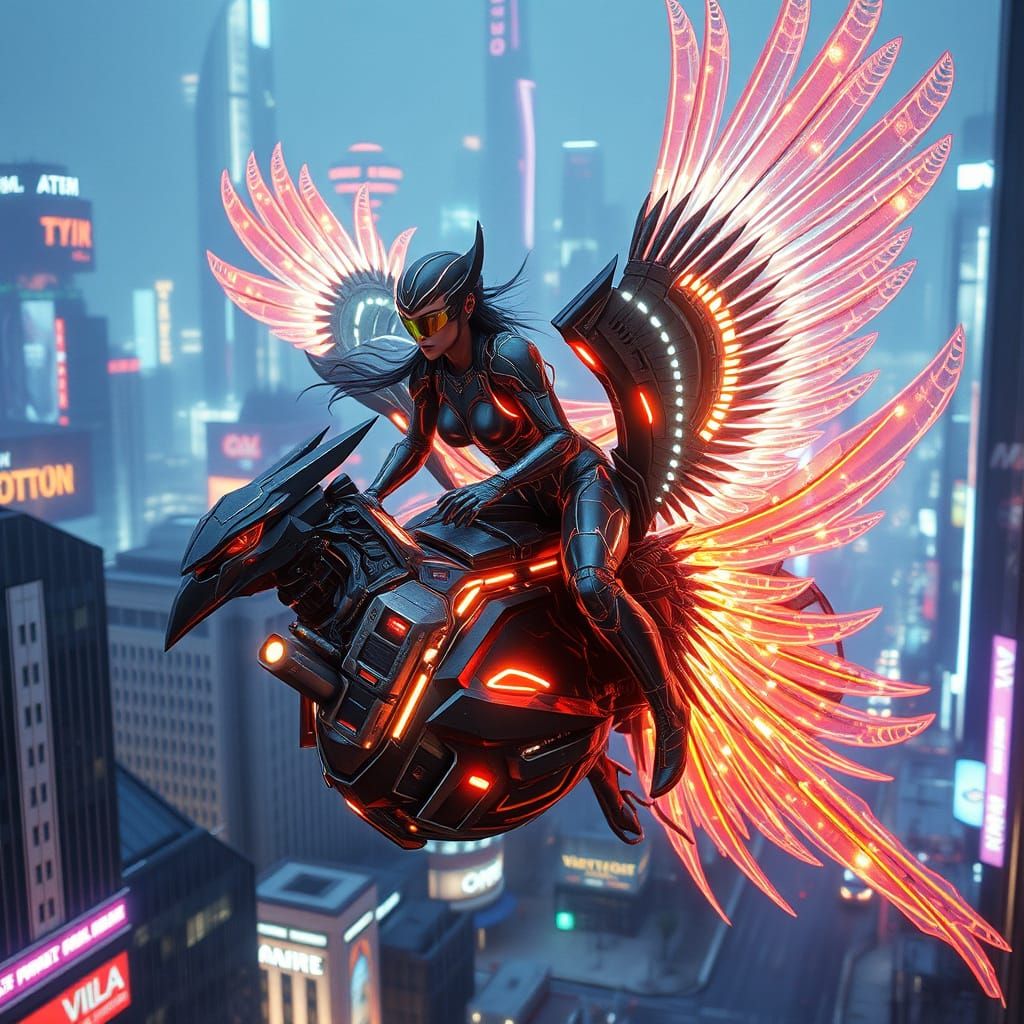 Cyberpunk Warrior Woman Soars Through Futuristic Metropolis