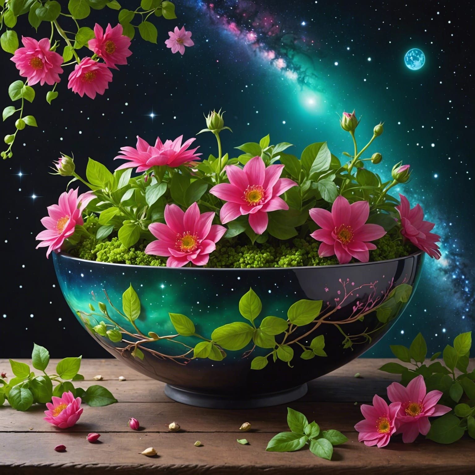 Bowl Overflowing with Flowers in Space