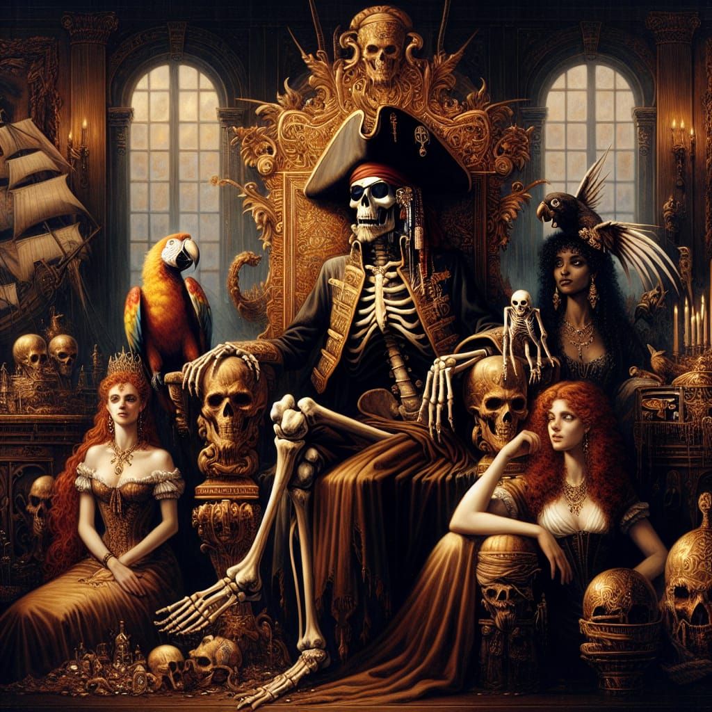 Skeletal Pirate King on Gilded Throne in Romantic Style