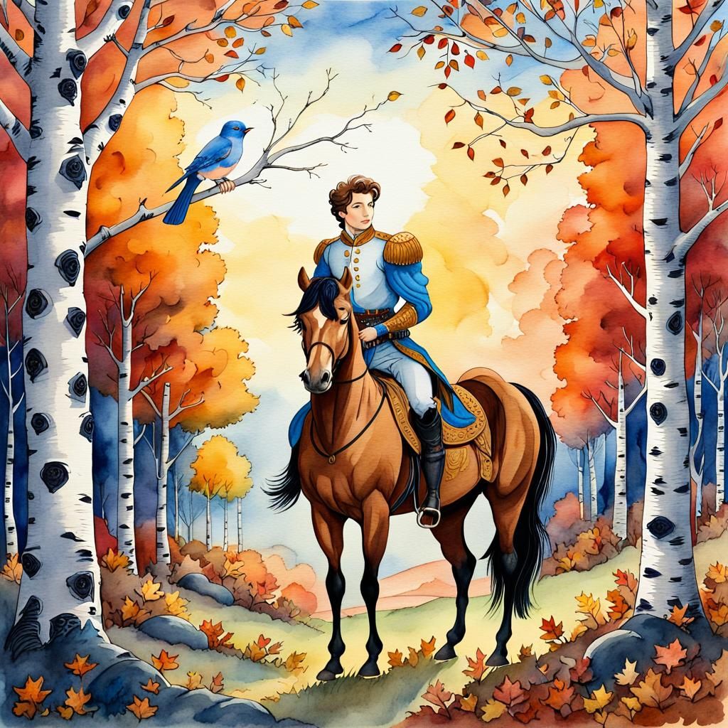 Prince and Bluebird in Autumn Forest: Watercolor Art