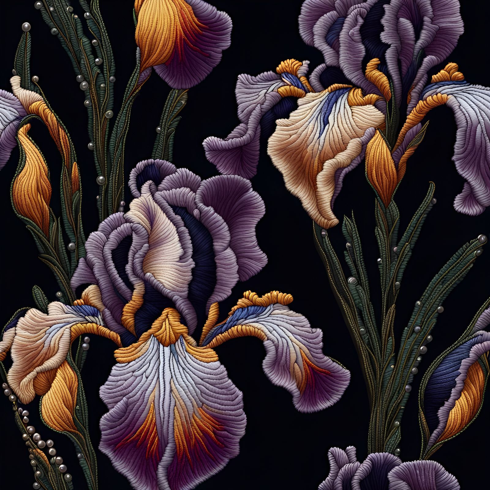 Embroidery - Iris flowers, pearls