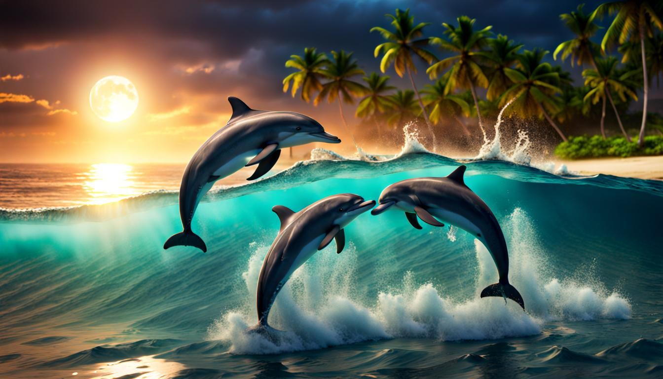 Dolphins Frolicking in Moonlight: Photorealistic 8K Renderin...