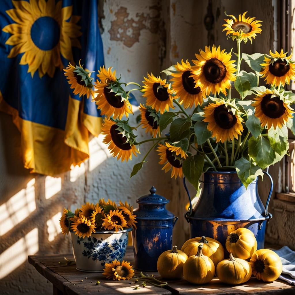 Sunflowers and Delft Blue Flowers by Window