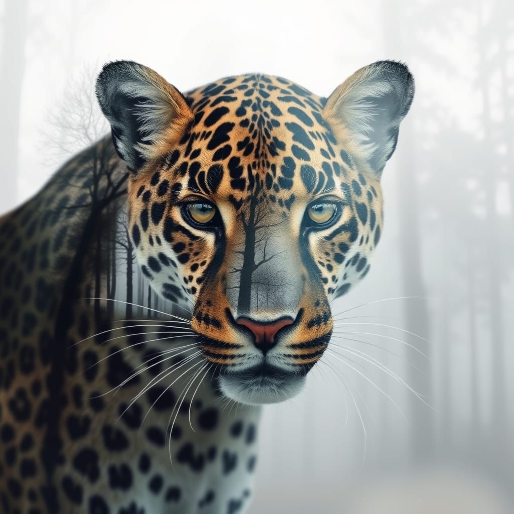 Leopard Double Exposure in Misty Forest