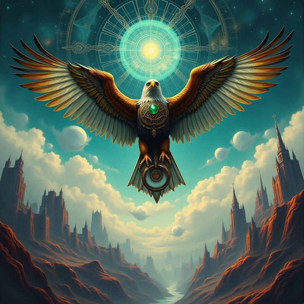 Golden Eagle Soars Through Clockwork Skies with Emerald Eyes