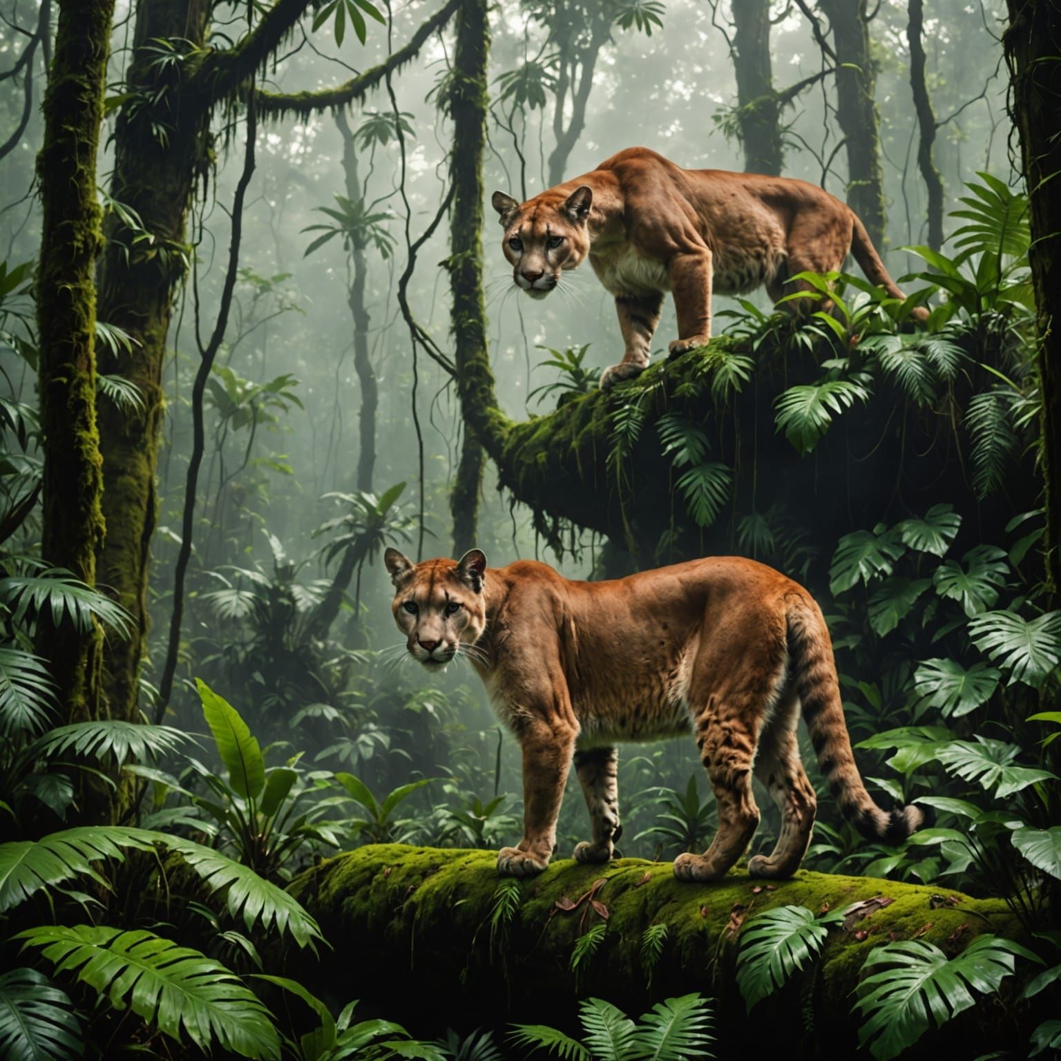 Cougar Emerging from Steamy Rainforest in a Detailed Matte P...
