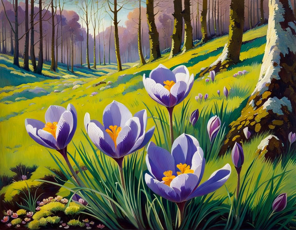 Spring Forest Oil Painting with Crocus Flowers