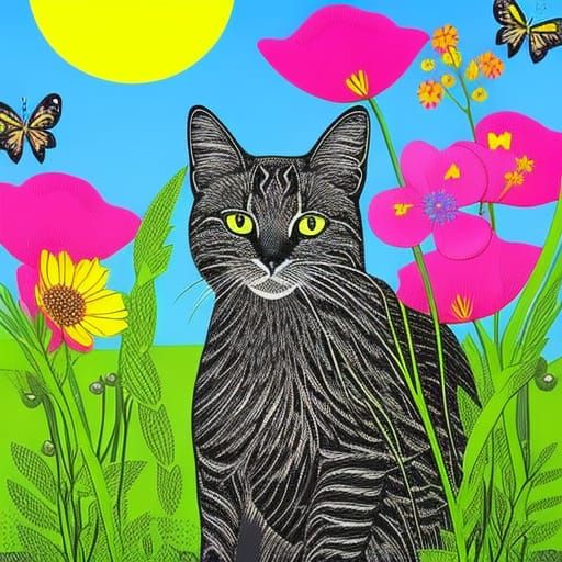 Colorful Pop Art Cat in Wildflower Meadow
