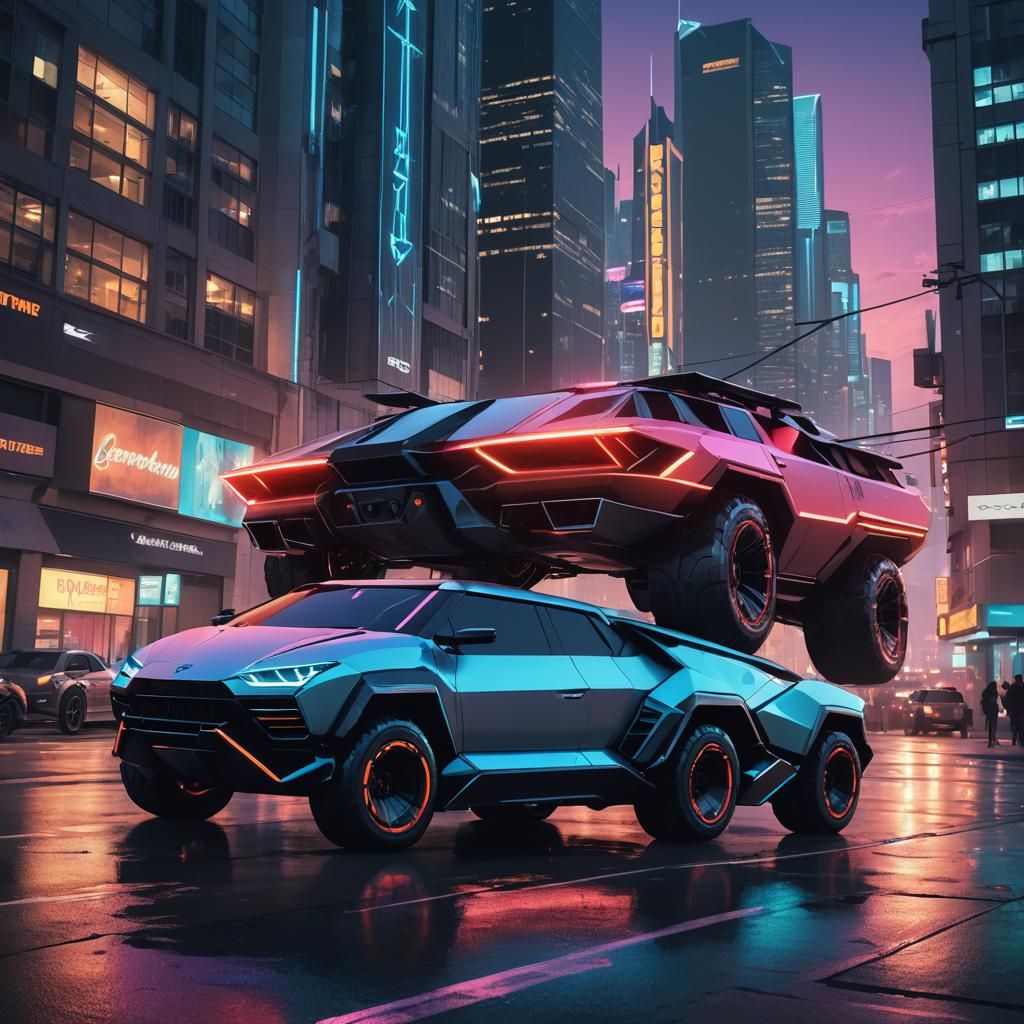 Cybertruck and Lamborghini in Neon Cityscape
