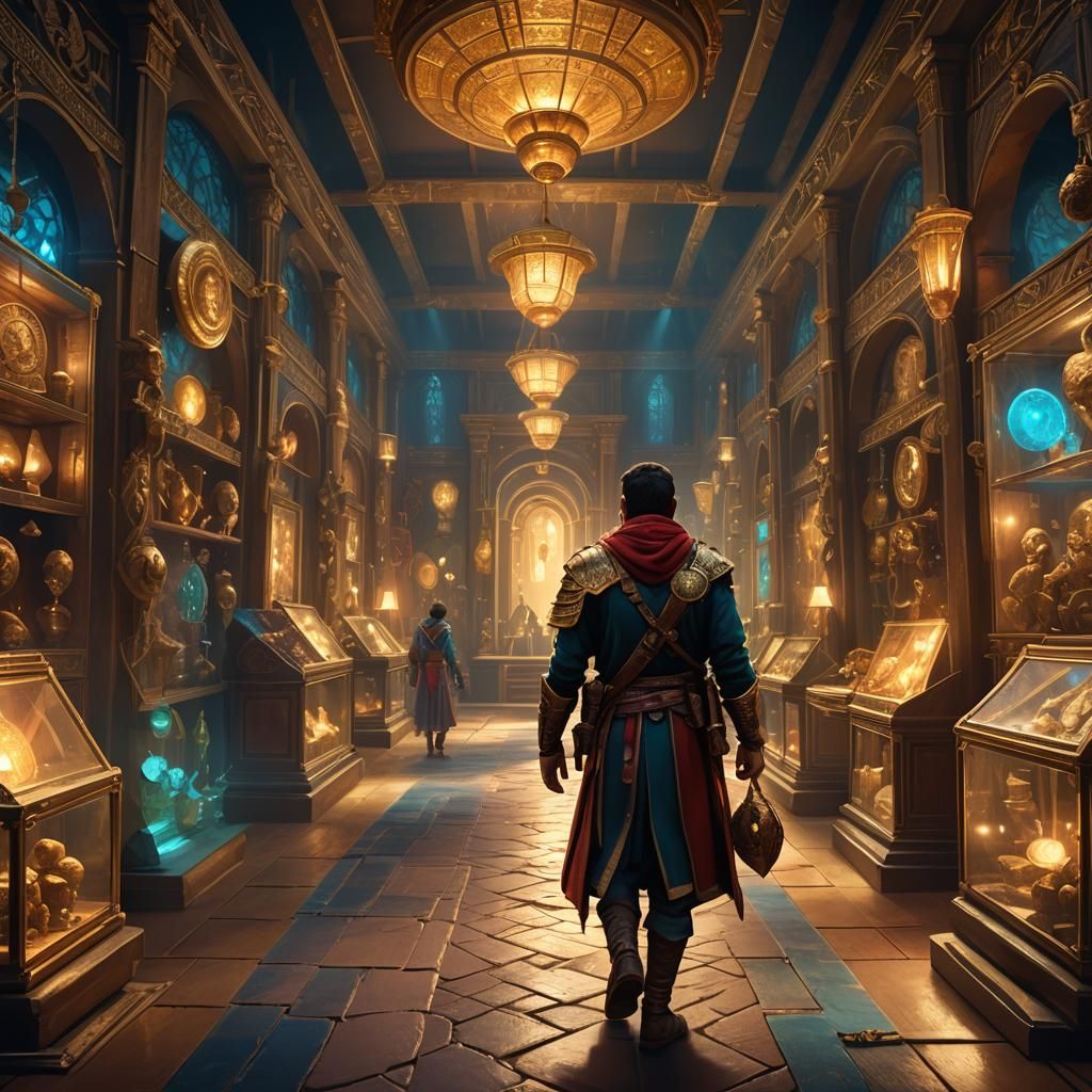 Ancient Artifacts Exhibit in Vibrant Digital Art