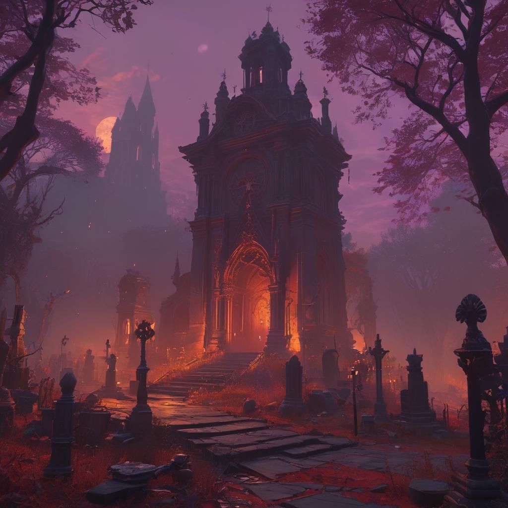 Spooky Galactic Graveyard in Red, Dark Fantasy Art