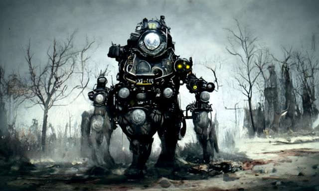 Sinister Fallout Power Armor in Ethereal Landscape