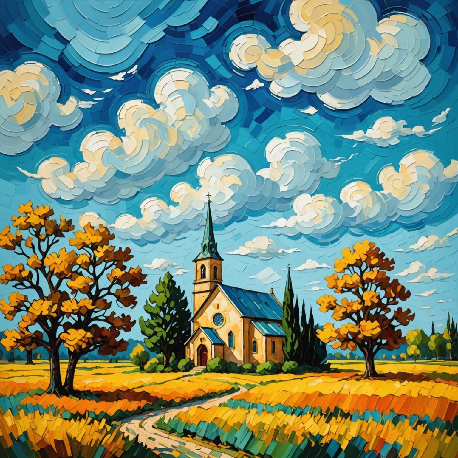 Impressionist Painting of a Plain with Trees and Church