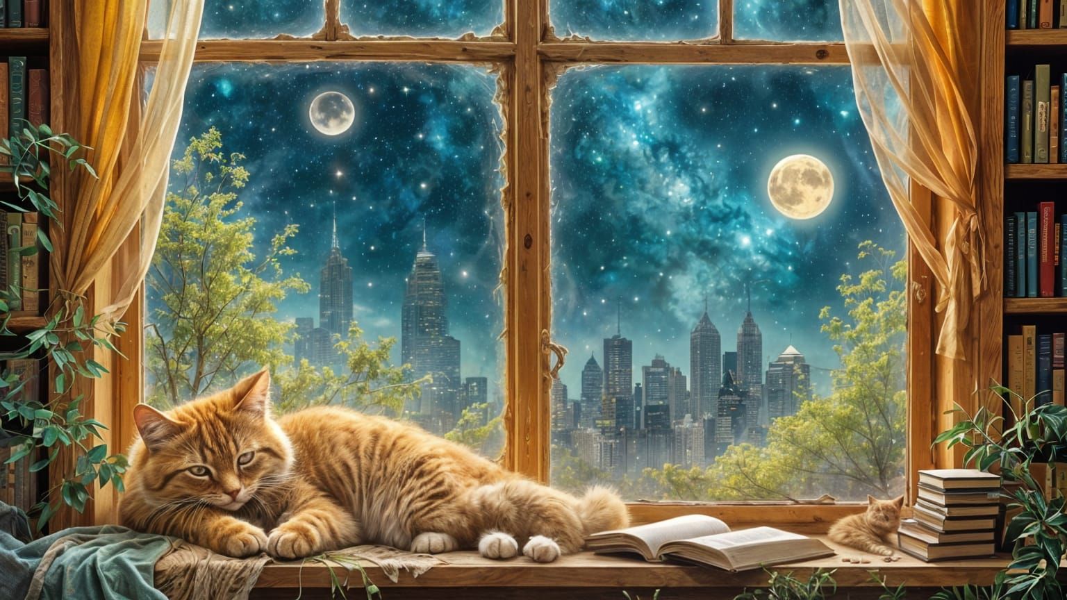 Four Sleeping Cats in Enchanted Window Dreamscape